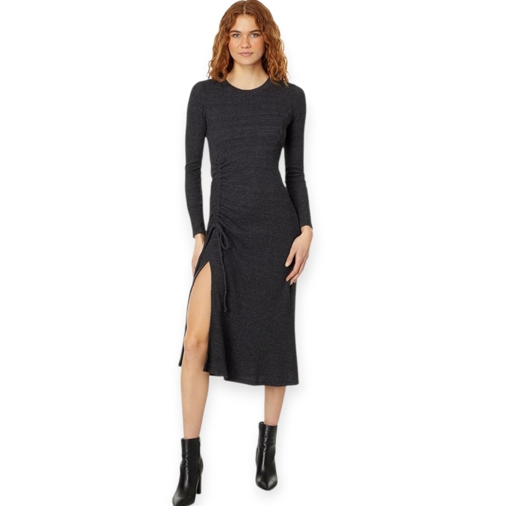 Michael Stars Ilia Ruched Thermal Midi Dress Charcoal Long Sleeve Slit NWT S